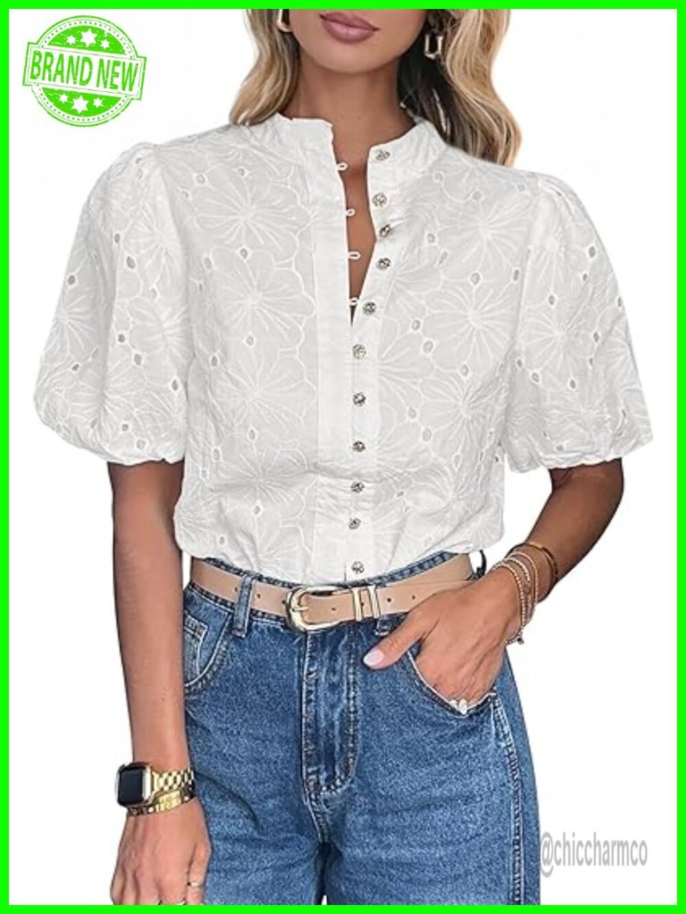 Lace Embroidered Button Down Blouse Short Sleeve V Neck Boho Top